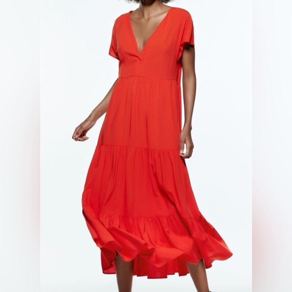 ZARA Sz L Viscose Linen Blend Tiered V-Neck Flowy Feminine Fresh Maxi Dress NEW